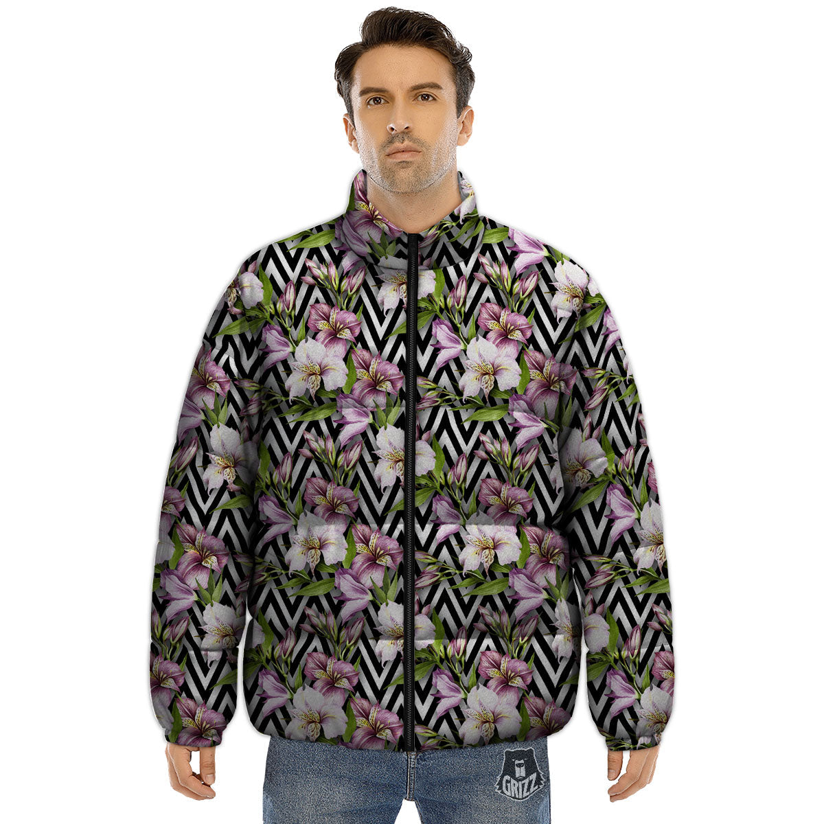 Zigzag Alstroemeria Purple Print Pattern Puffer Jacket-grizzshop