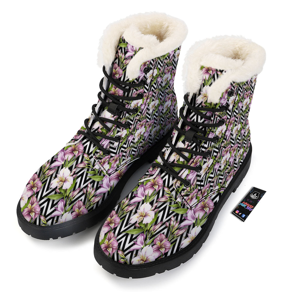 Zigzag Alstroemeria Purple Print Pattern Winter Boots-grizzshop