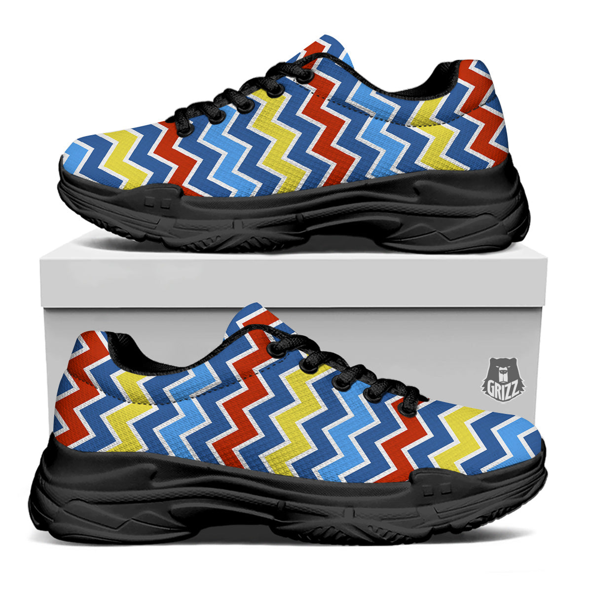 Zigzag Autism Awareness Color Print Pattern Black Chunky Shoes-grizzshop