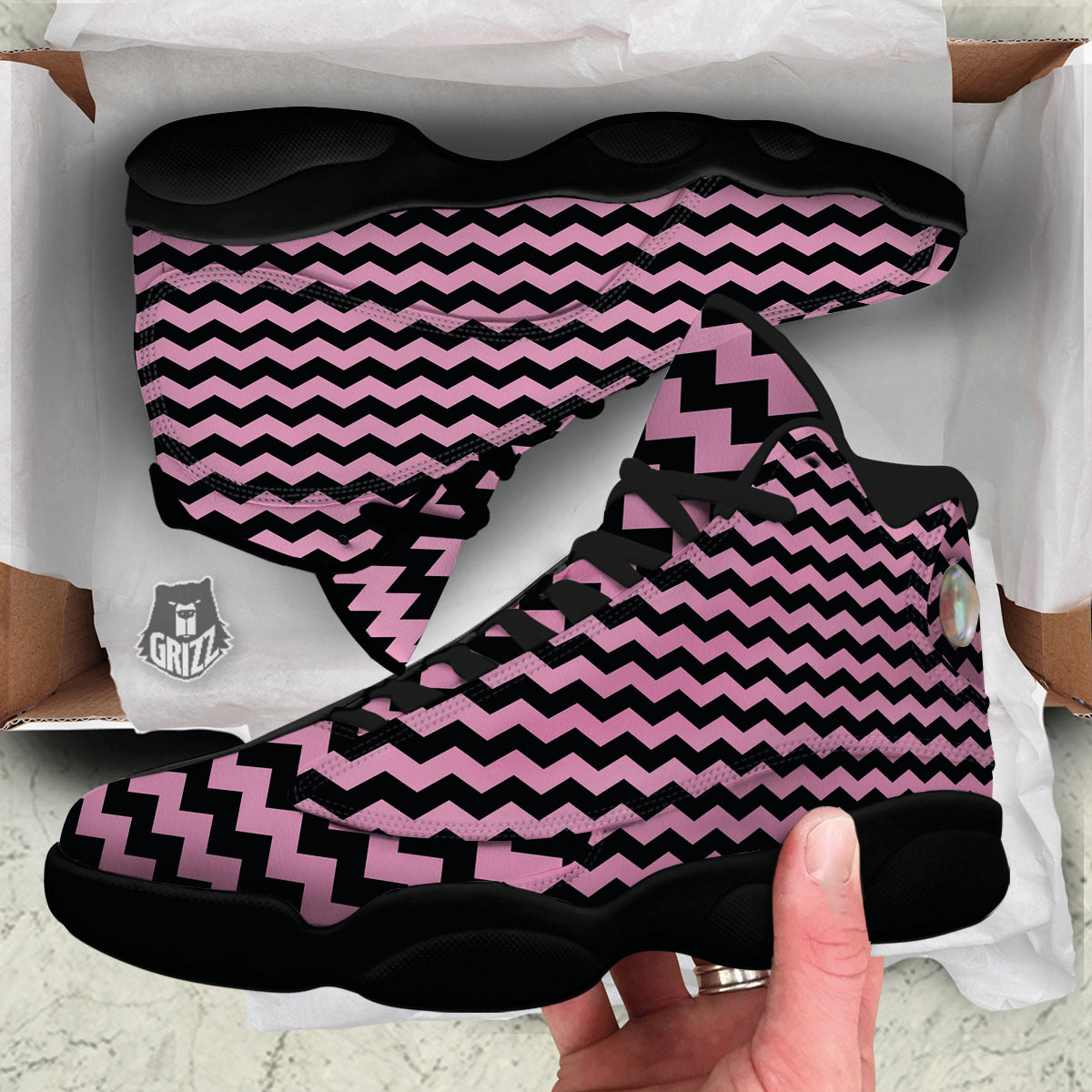 Zigzag Black And Pink Print Pattern Black Basketball Shoes-grizzshop