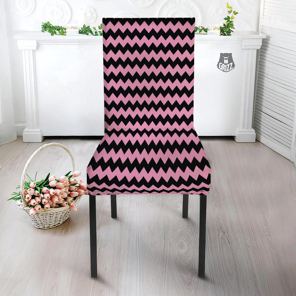 Zigzag Black And Pink Print Pattern Dining Chair Slipcover-grizzshop