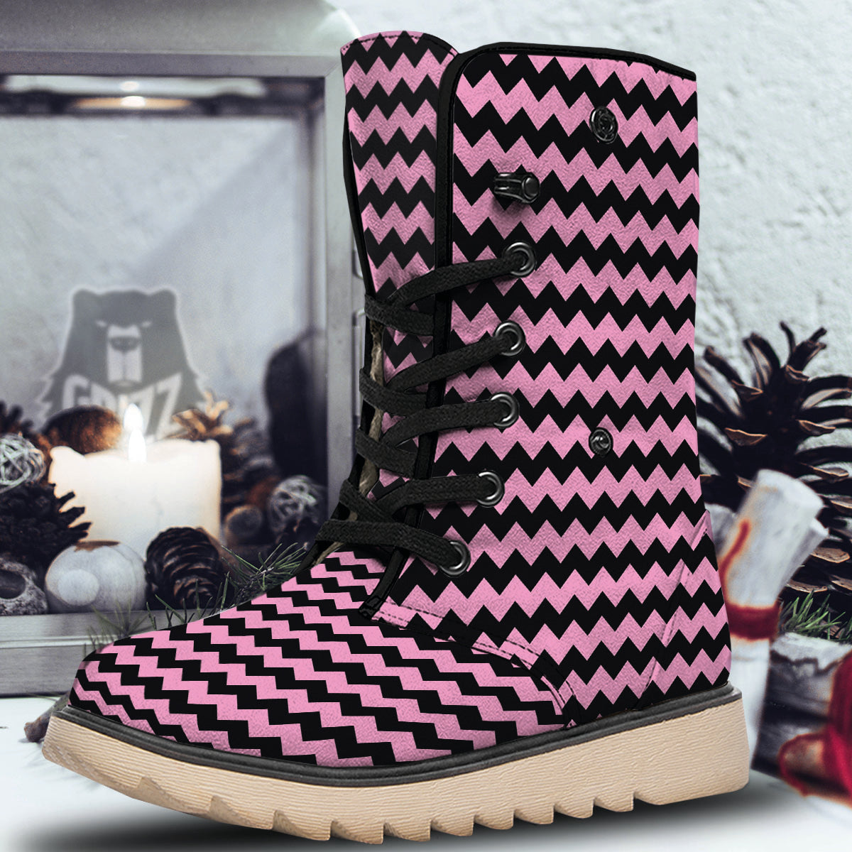 Zigzag Black And Pink Print Pattern Snow Boots-grizzshop
