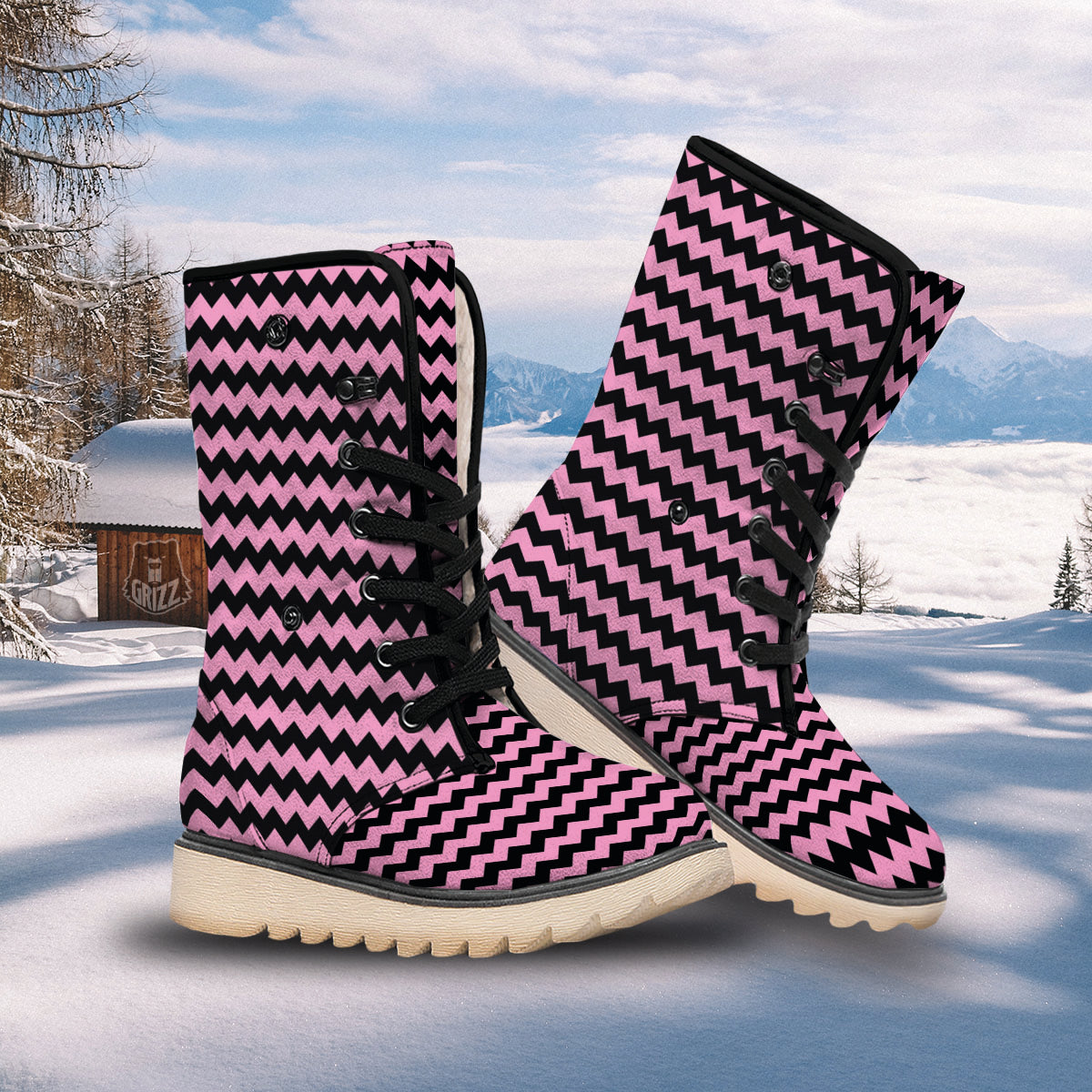 Zigzag Black And Pink Print Pattern Snow Boots-grizzshop