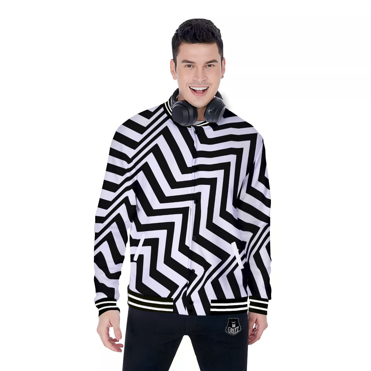 Zigzag Dazzle White And Black Print Baseball Jacket-grizzshop