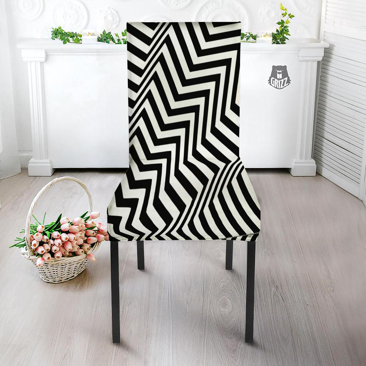 Zigzag Dazzle White And Black Print Dining Chair Slipcover-grizzshop