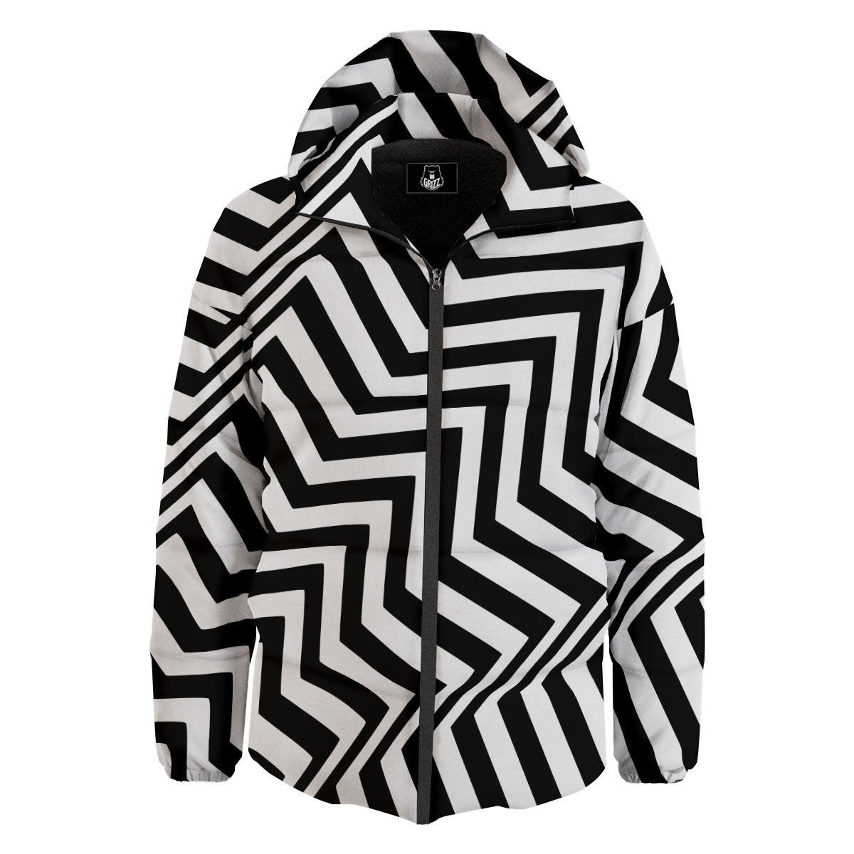 Zigzag Dazzle White And Black Print Down Jacket-grizzshop