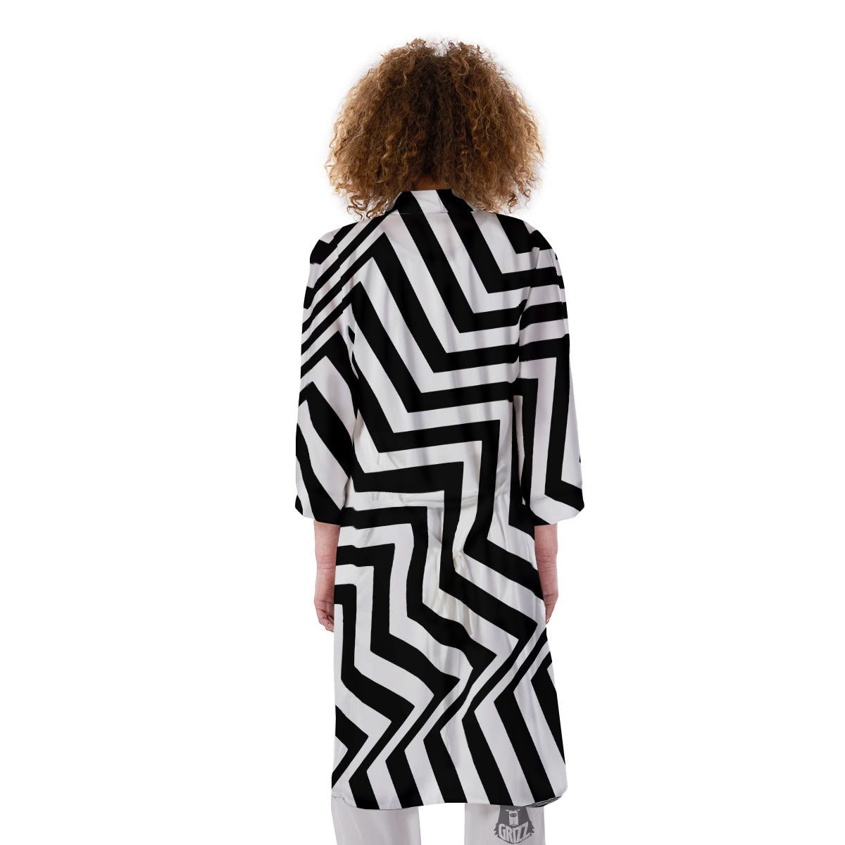 Zigzag Dazzle White And Black Print Kimono-grizzshop