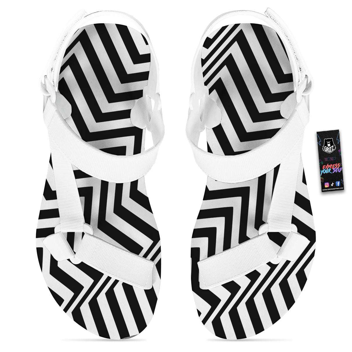 Zigzag Dazzle White And Black Print White Open Toe Sandals-grizzshop