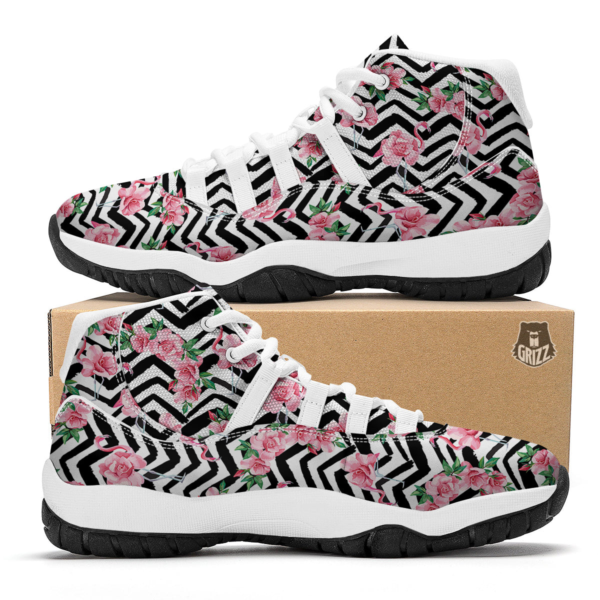 Zigzag Flamingo Flower White Bball Shoes-grizzshop