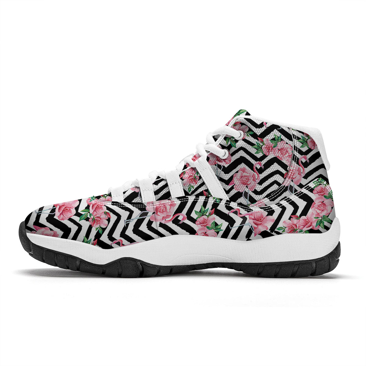 Zigzag Flamingo Flower White Bball Shoes-grizzshop