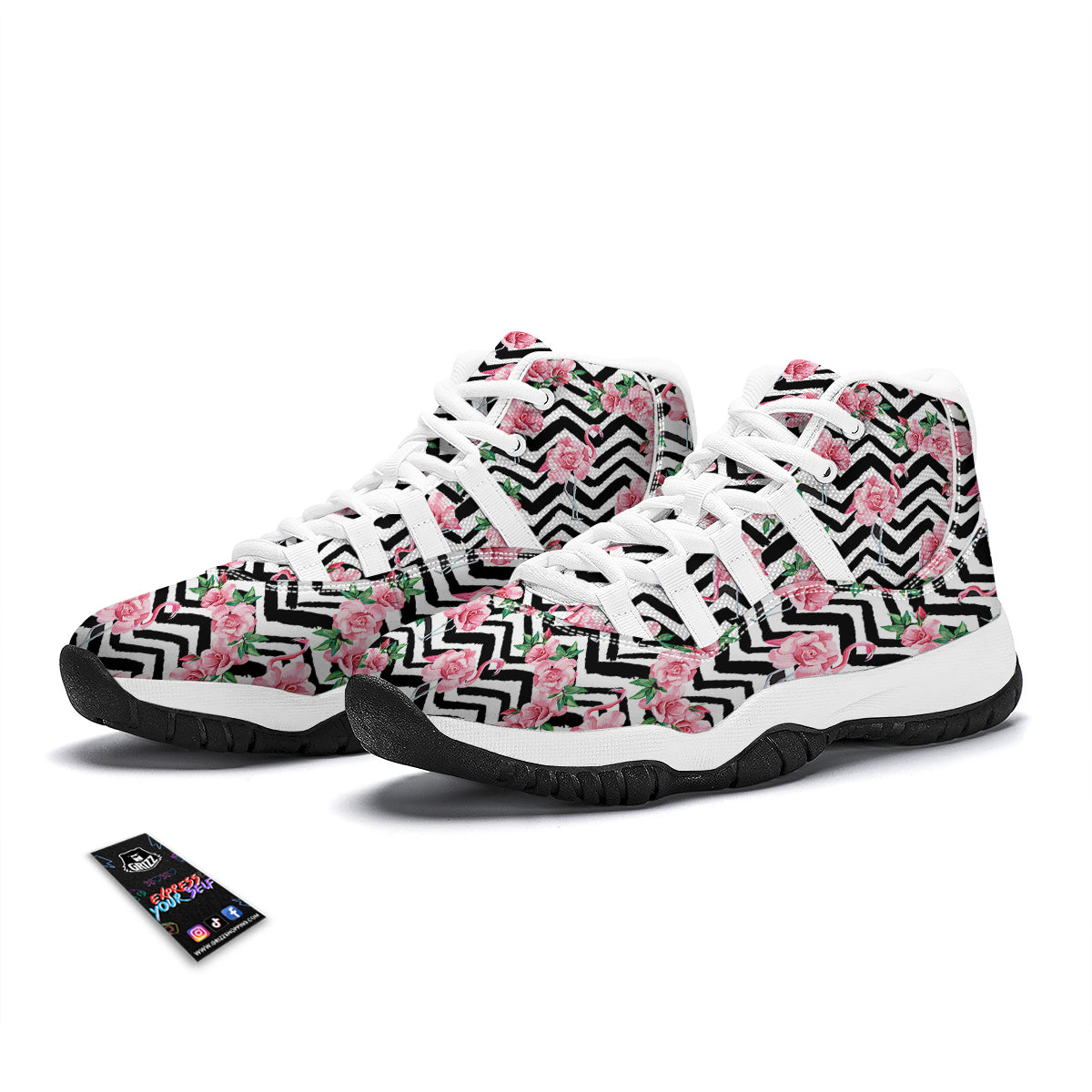 Zigzag Flamingo Flower White Bball Shoes-grizzshop