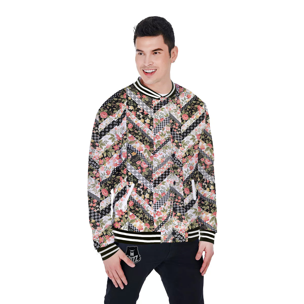 Zigzag Floral Patchwork Print Pattern Baseball Jacket-grizzshop