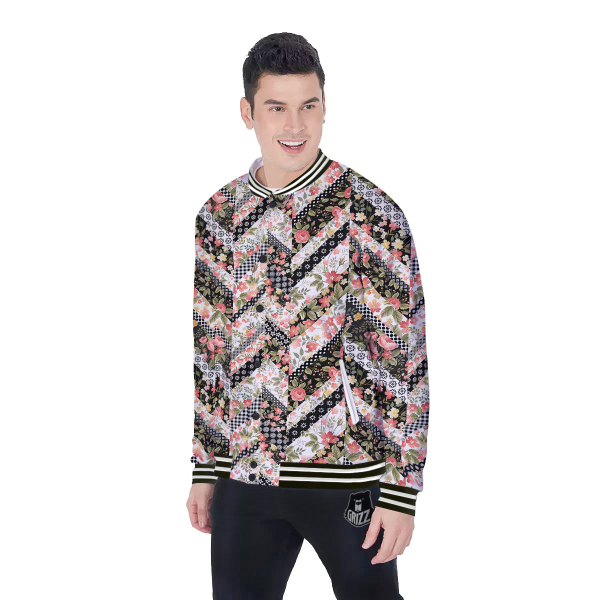 Zigzag Floral Patchwork Print Pattern Baseball Jacket-grizzshop