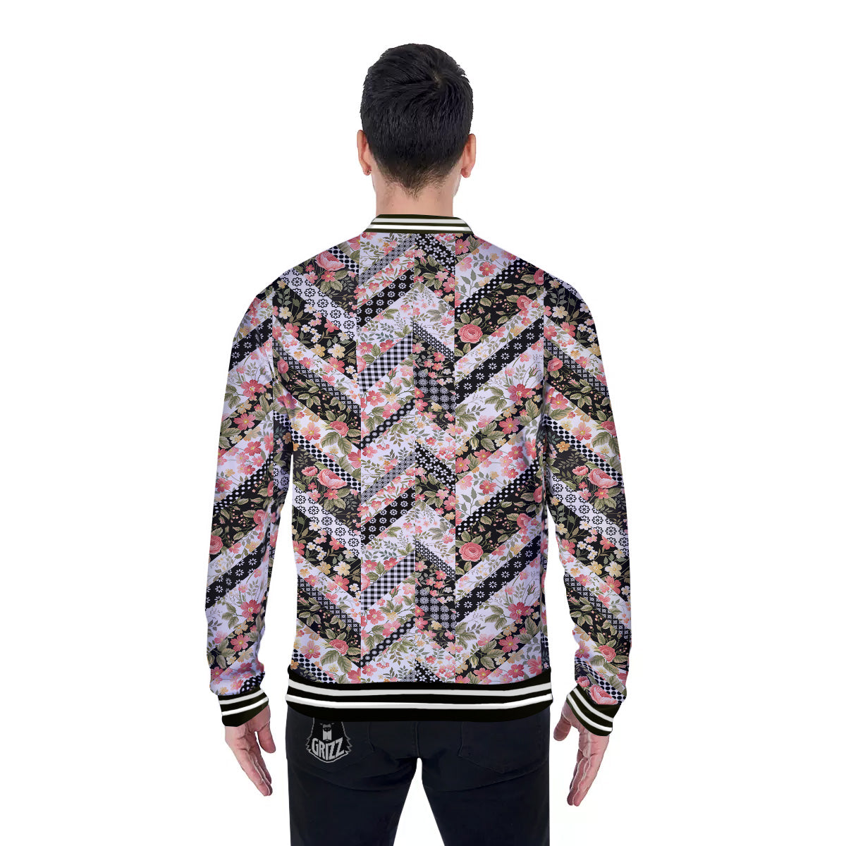 Zigzag Floral Patchwork Print Pattern Baseball Jacket-grizzshop