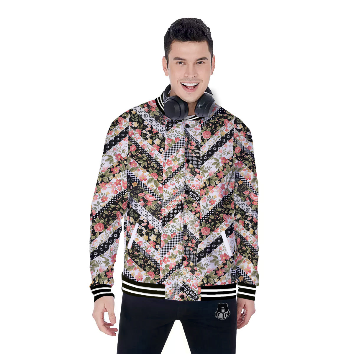 Zigzag Floral Patchwork Print Pattern Baseball Jacket-grizzshop