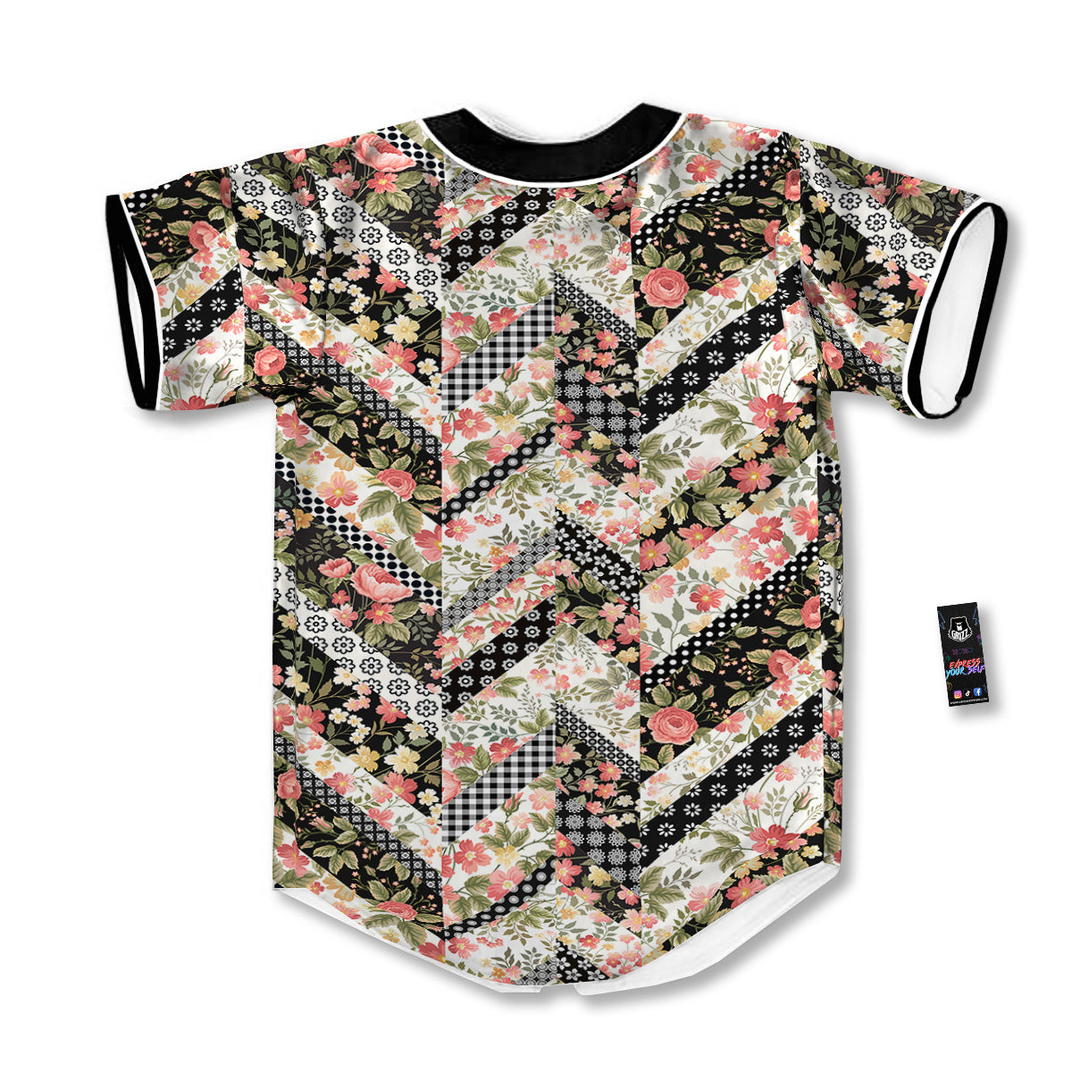 Zigzag Floral Patchwork Print Pattern Baseball Jersey-grizzshop