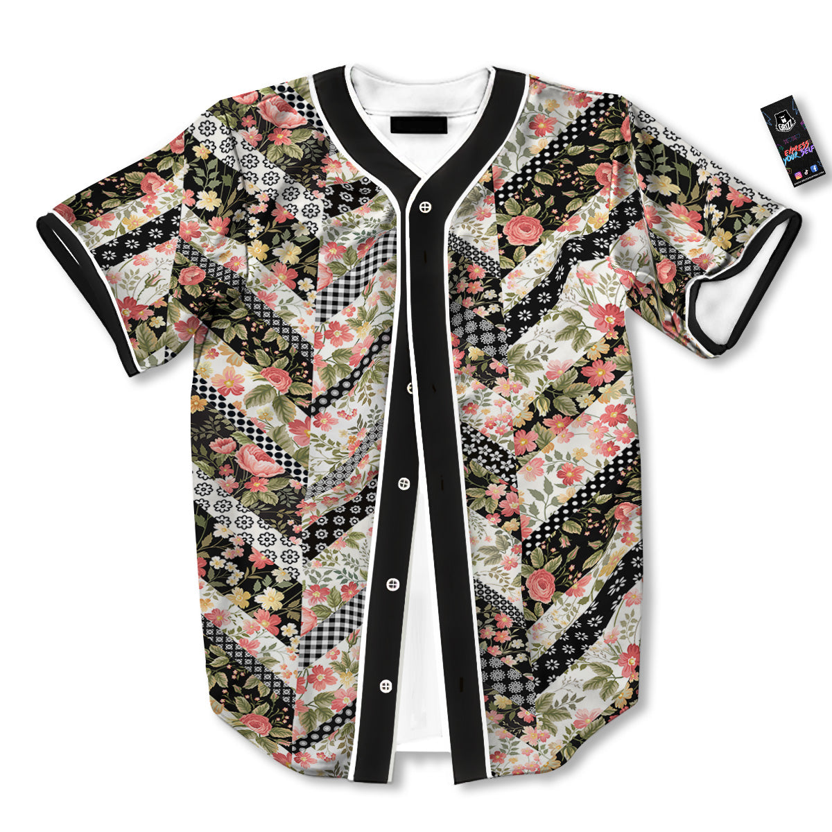 Zigzag Floral Patchwork Print Pattern Baseball Jersey-grizzshop