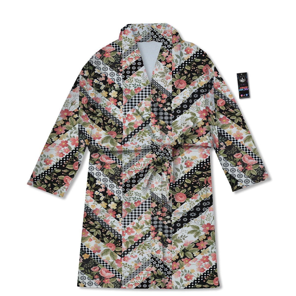 Zigzag Floral Patchwork Print Pattern Bathrobe-grizzshop