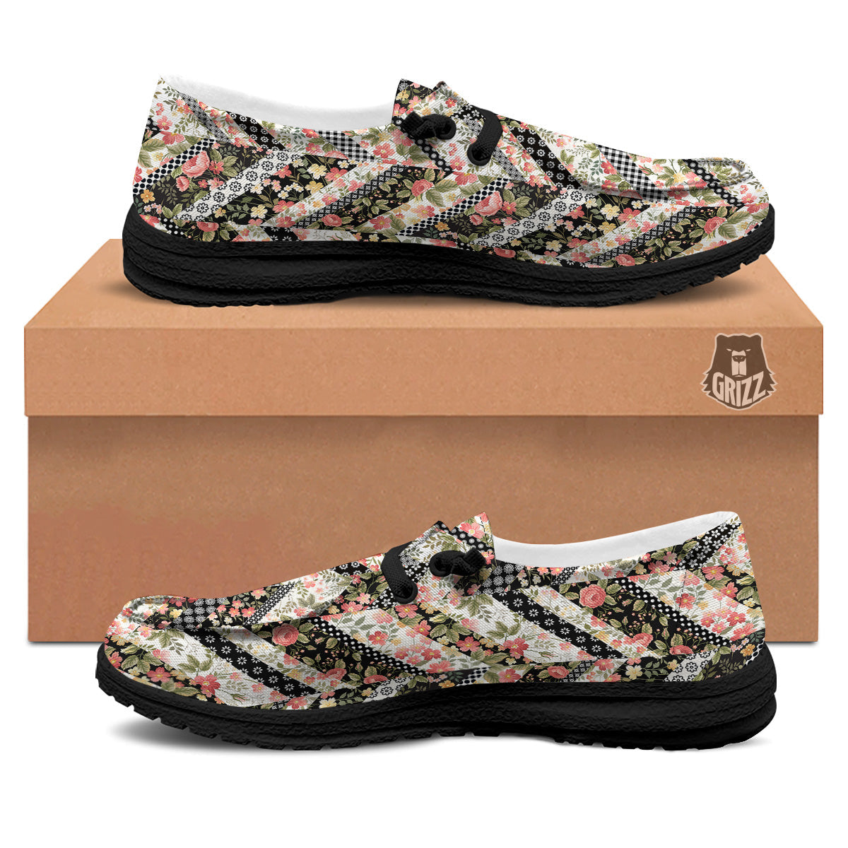 Zigzag Floral Patchwork Print Pattern Black Loafers-grizzshop