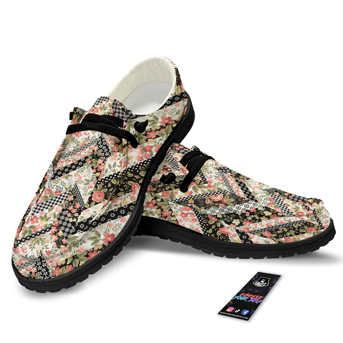 Zigzag Floral Patchwork Print Pattern Black Loafers-grizzshop