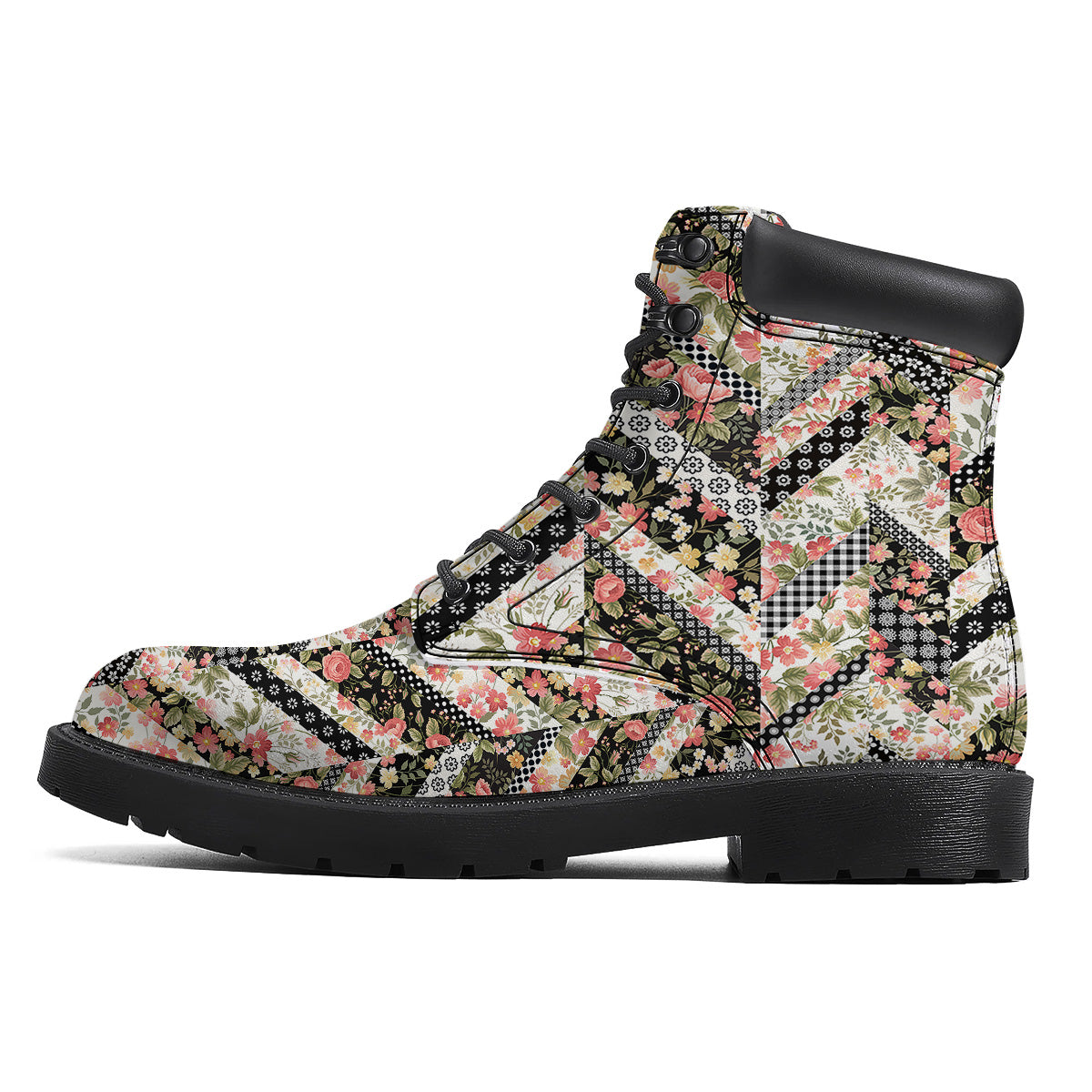 Zigzag Floral Patchwork Print Pattern Boots-grizzshop