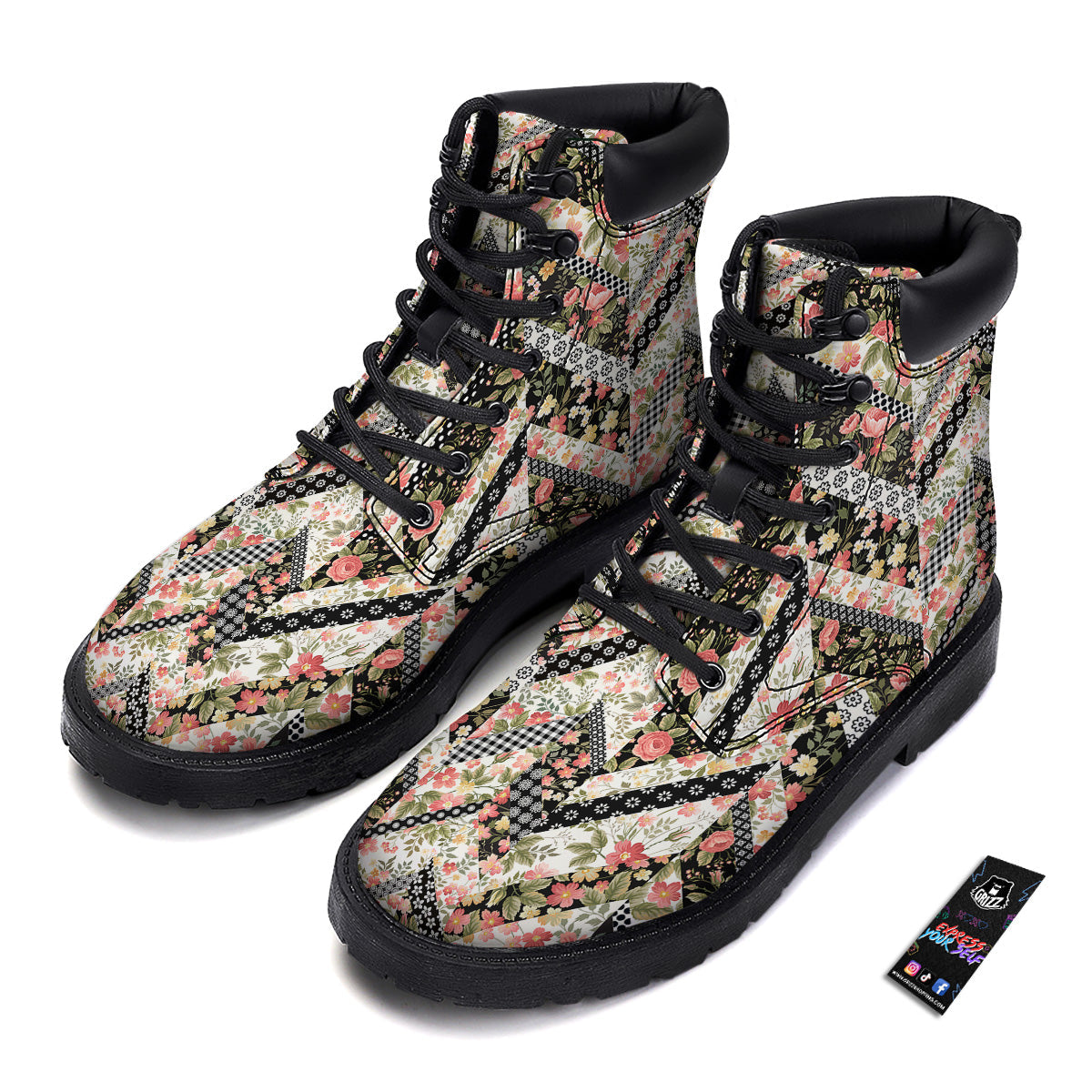 Zigzag Floral Patchwork Print Pattern Boots-grizzshop