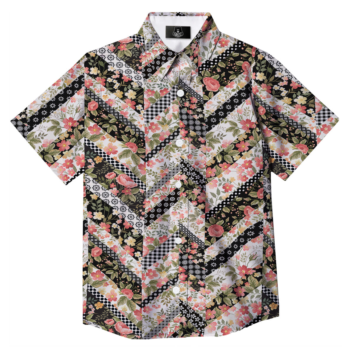 Zigzag Floral Patchwork Print Pattern Button Up Shirt-grizzshop
