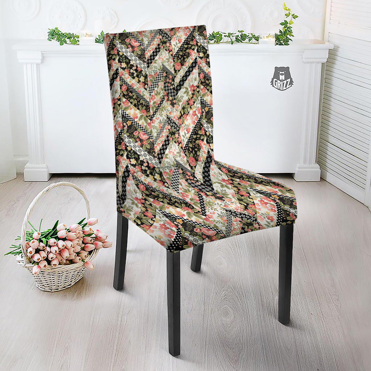 Zigzag Floral Patchwork Print Pattern Dining Chair Slipcover-grizzshop