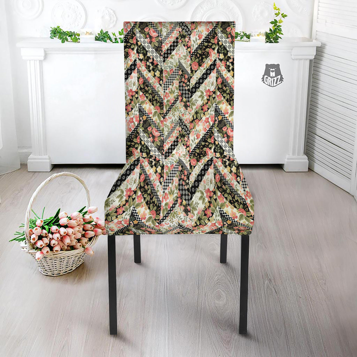 Zigzag Floral Patchwork Print Pattern Dining Chair Slipcover-grizzshop