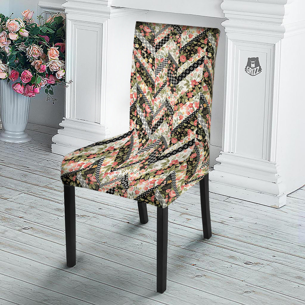 Zigzag Floral Patchwork Print Pattern Dining Chair Slipcover-grizzshop