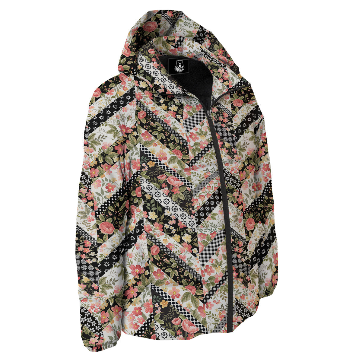 Zigzag Floral Patchwork Print Pattern Down Jacket-grizzshop