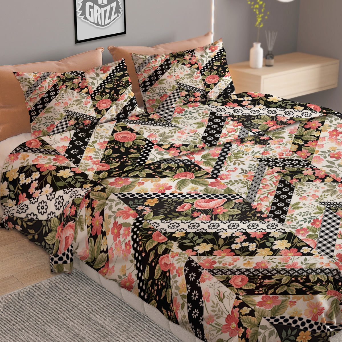 Zigzag Floral Patchwork Print Pattern Duvet Cover Bedding Set