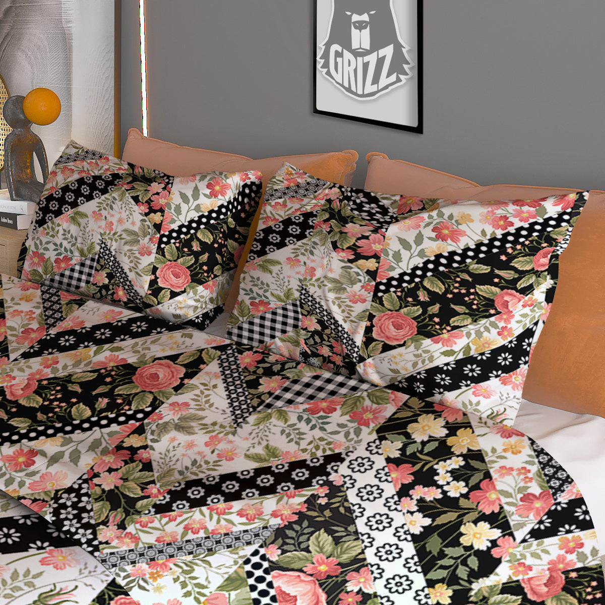 Zigzag Floral Patchwork Print Pattern Duvet Cover Bedding Set
