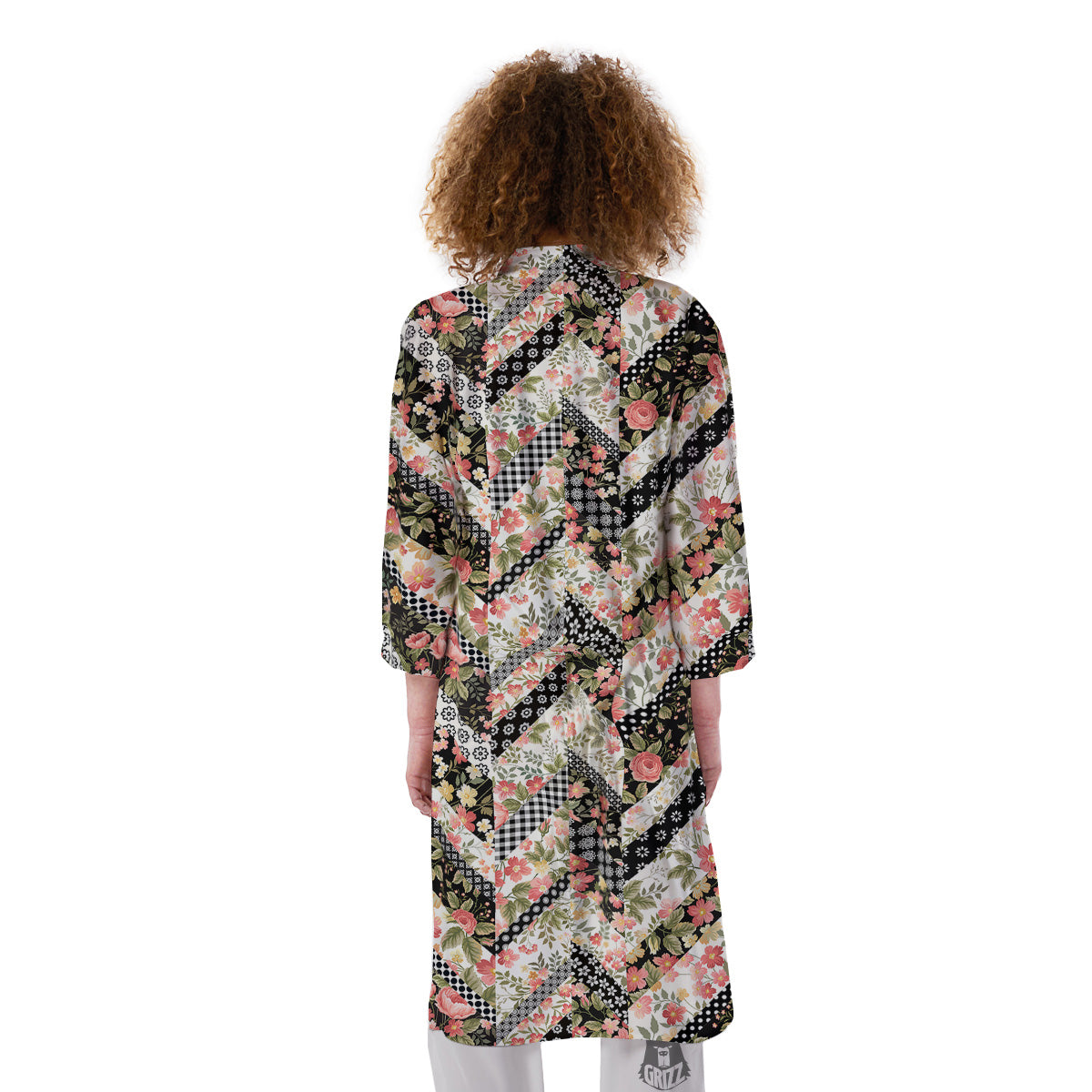 Zigzag Floral Patchwork Print Pattern Kimono-grizzshop