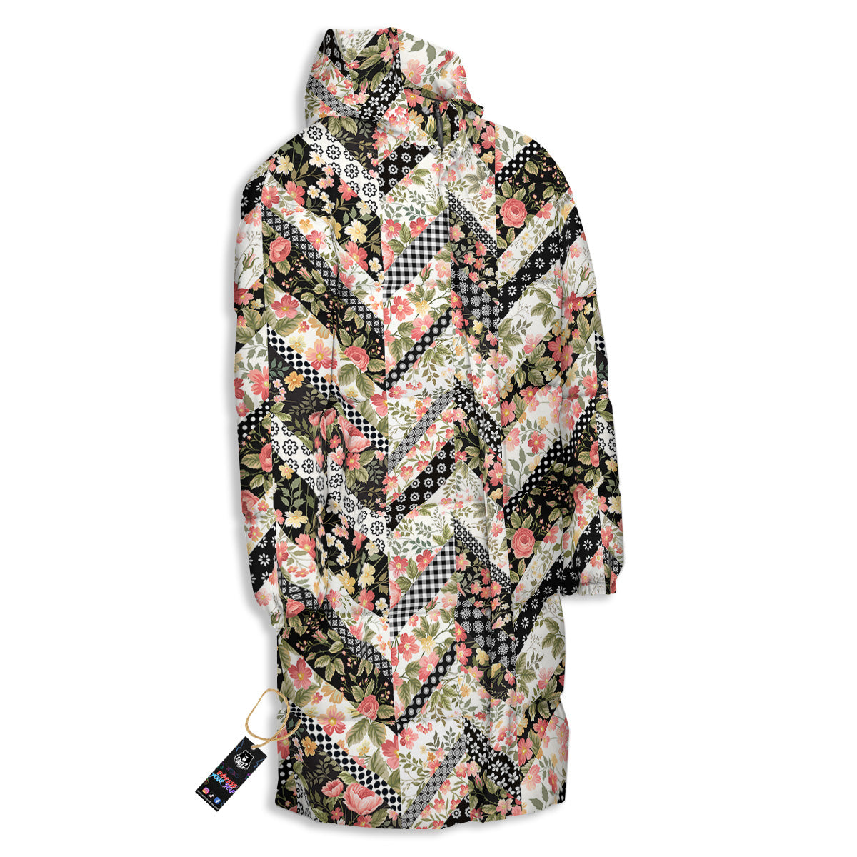 Zigzag Floral Patchwork Print Pattern Long Down Jacket-grizzshop
