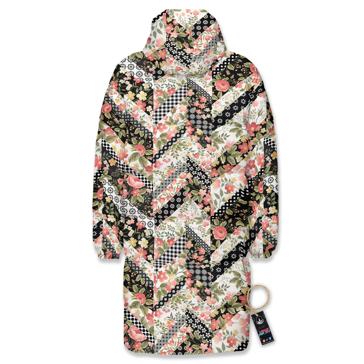 Zigzag Floral Patchwork Print Pattern Long Down Jacket-grizzshop