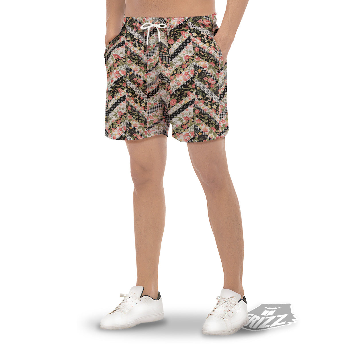 Zigzag Floral Patchwork Print Pattern Men's Gym Shorts-grizzshop