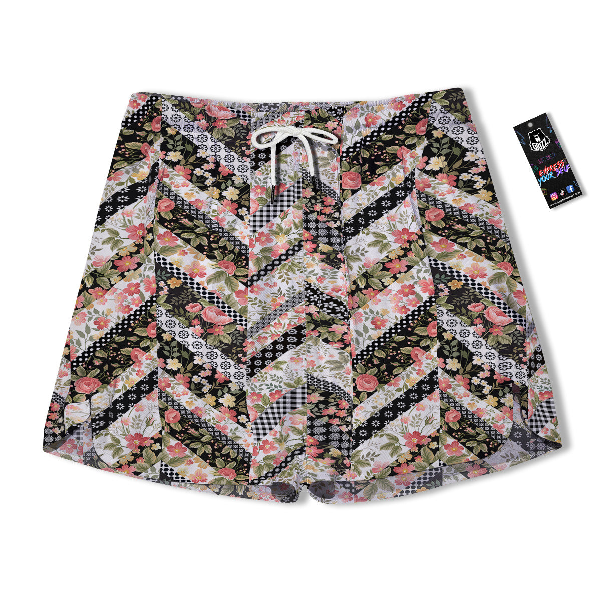 Zigzag Floral Patchwork Print Pattern Men's Running Shorts-grizzshop