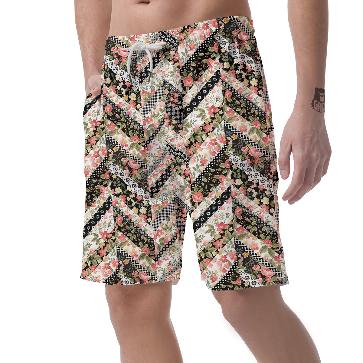 Zigzag Floral Patchwork Print Pattern Men's Shorts-grizzshop