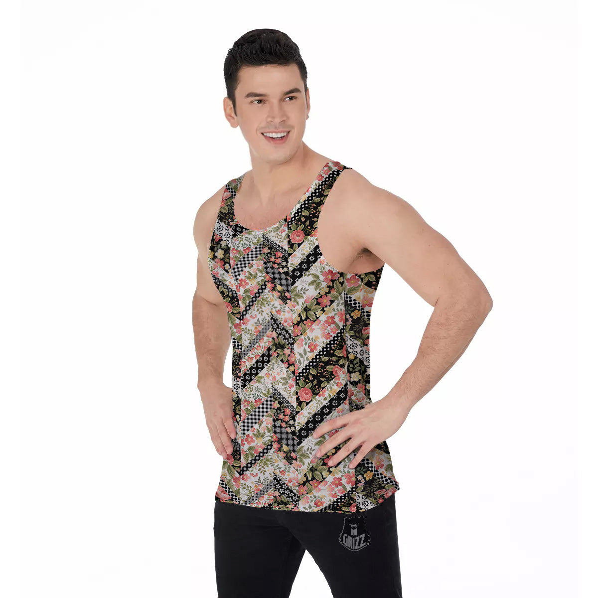 Zigzag Floral Patchwork Print Pattern Men's Tank Top-grizzshop