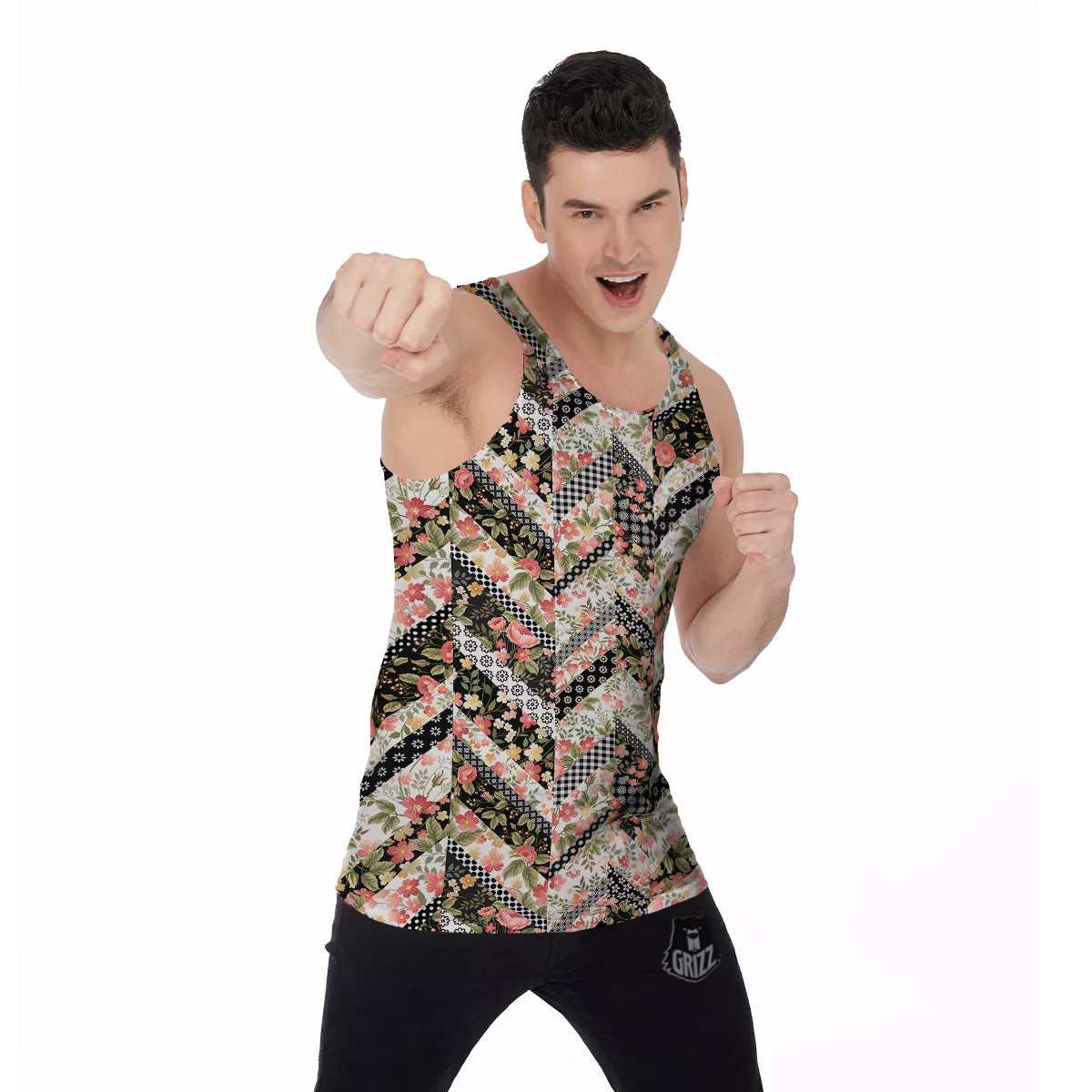 Zigzag Floral Patchwork Print Pattern Men's Tank Top-grizzshop