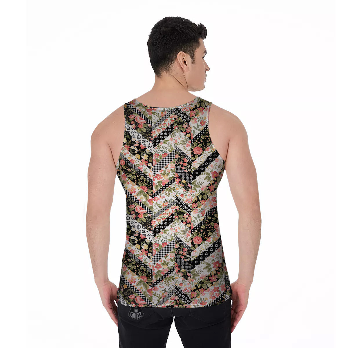 Zigzag Floral Patchwork Print Pattern Men's Tank Top-grizzshop