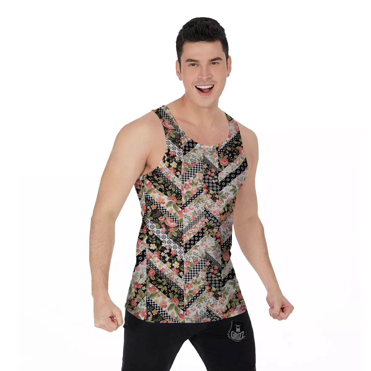 Zigzag Floral Patchwork Print Pattern Men's Tank Top-grizzshop