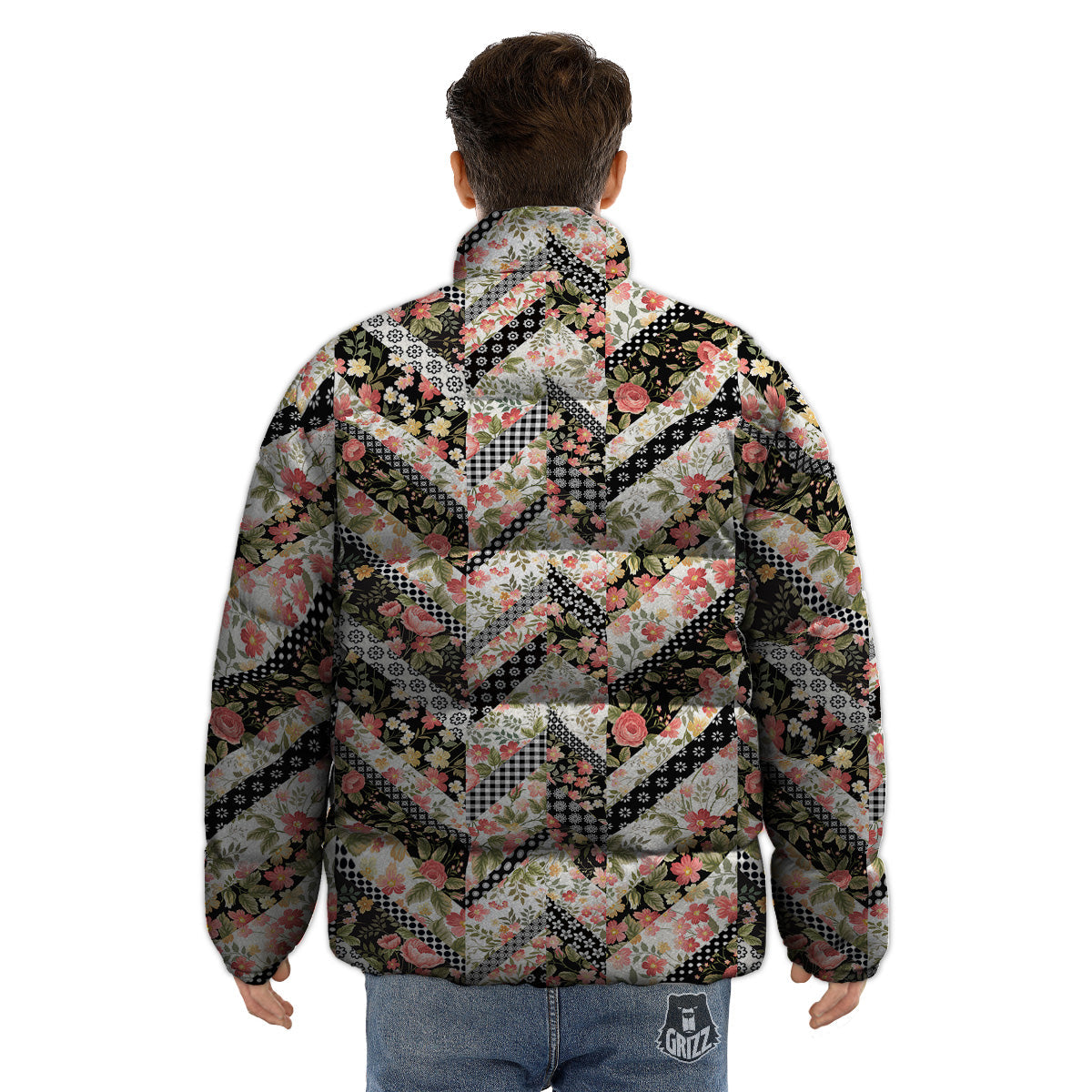 Zigzag Floral Patchwork Print Pattern Puffer Jacket-grizzshop
