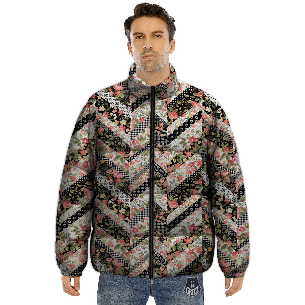 Zigzag Floral Patchwork Print Pattern Puffer Jacket-grizzshop