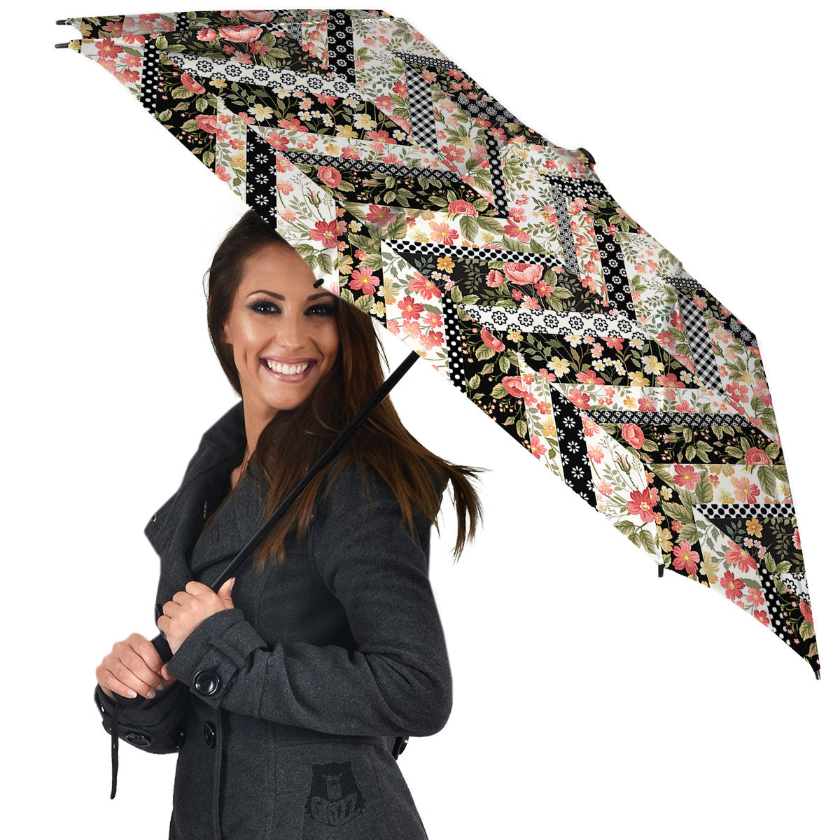 Zigzag Floral Patchwork Print Pattern Umbrella-grizzshop