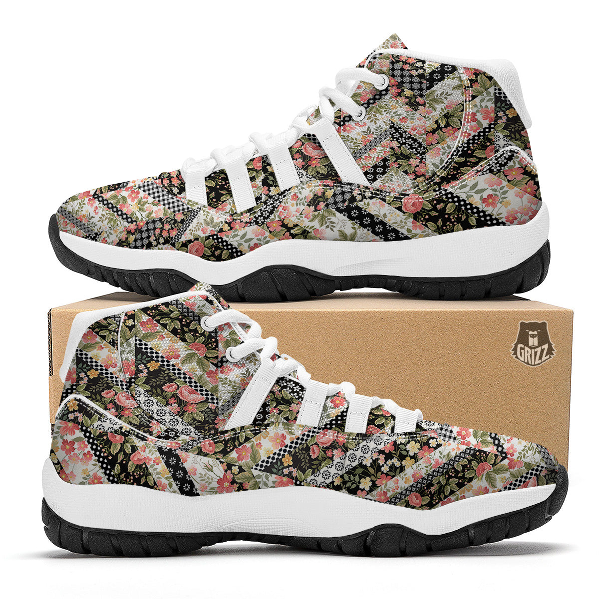Zigzag Floral Patchwork Print Pattern White Bball Shoes-grizzshop