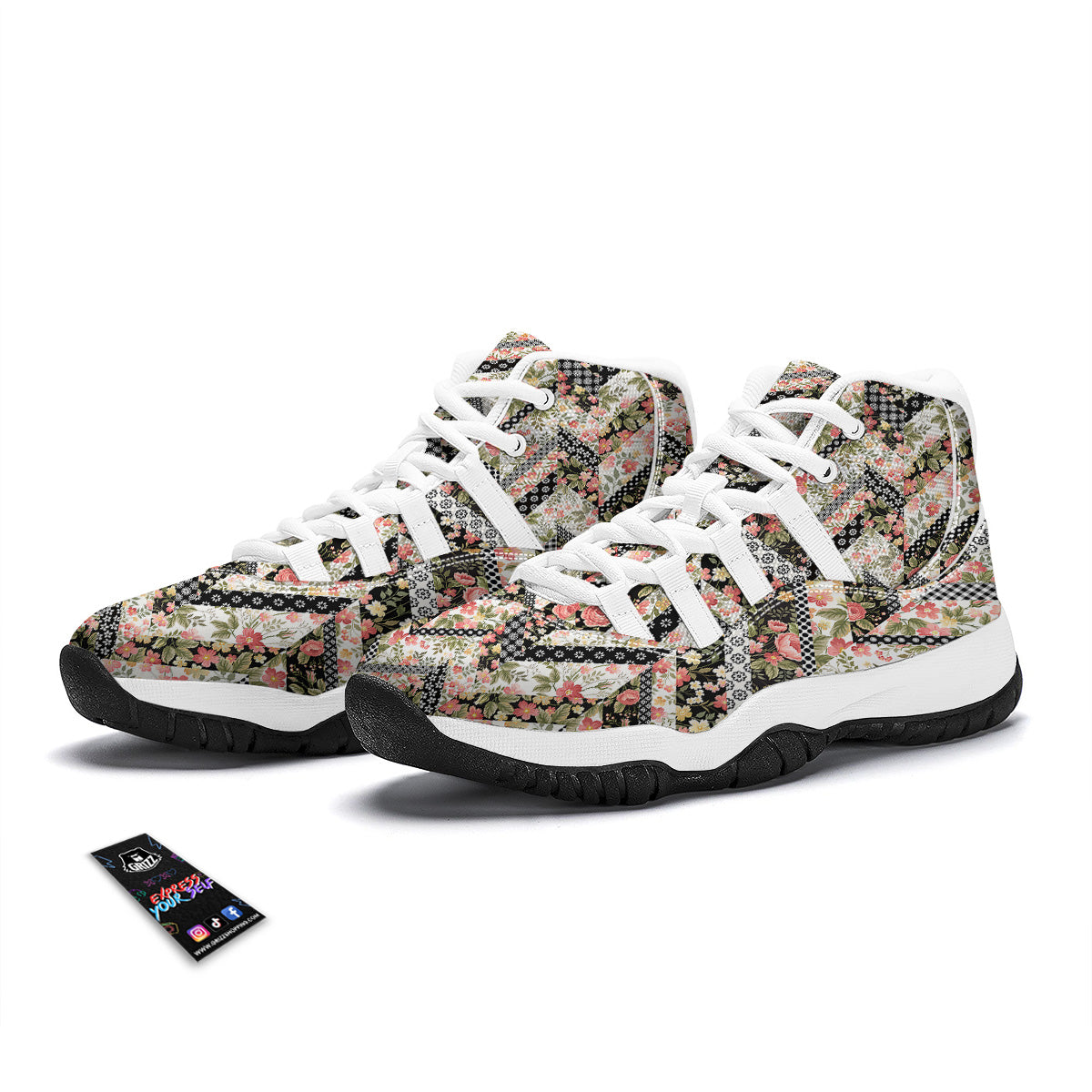 Zigzag Floral Patchwork Print Pattern White Bball Shoes-grizzshop