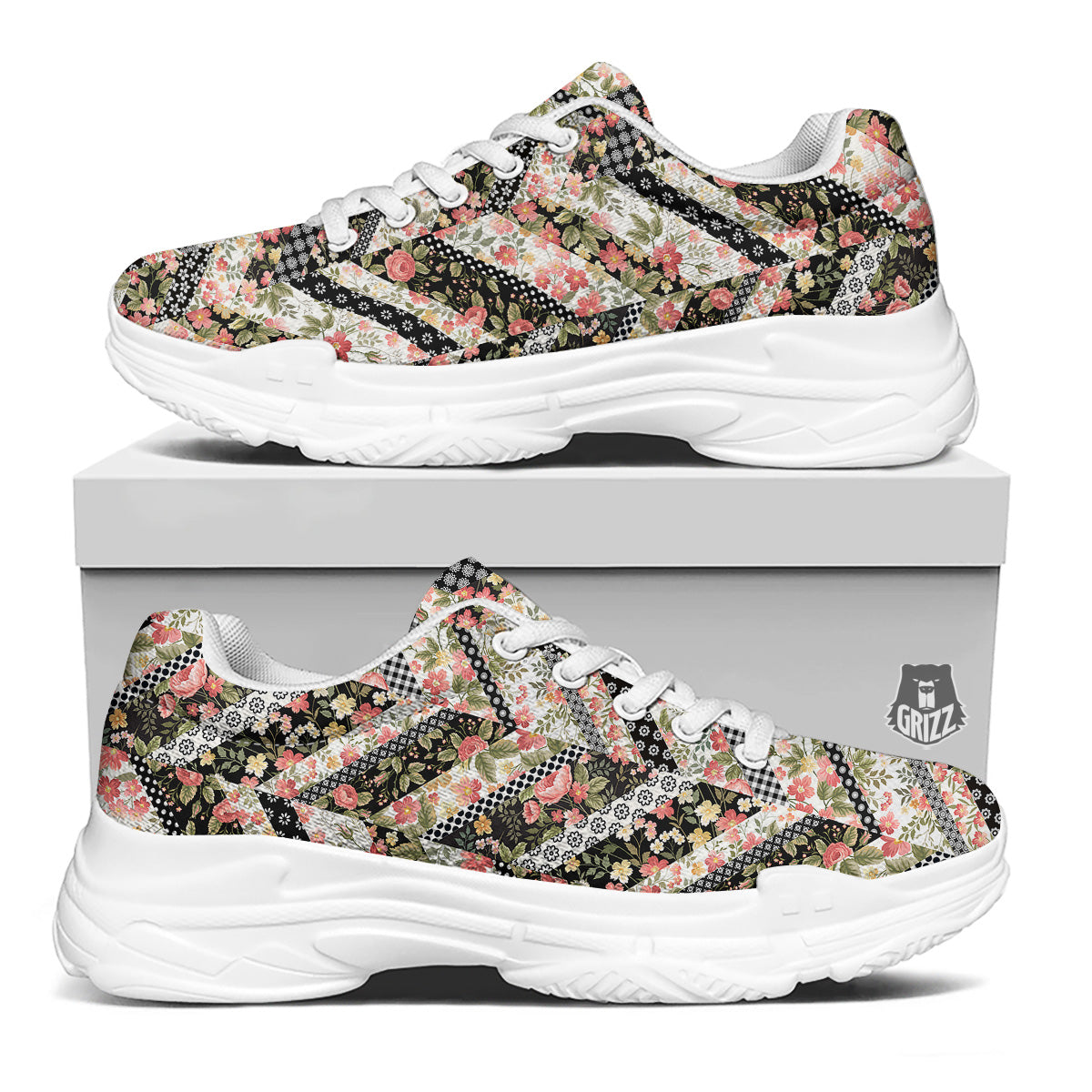 Zigzag Floral Patchwork Print Pattern White Chunky Shoes-grizzshop