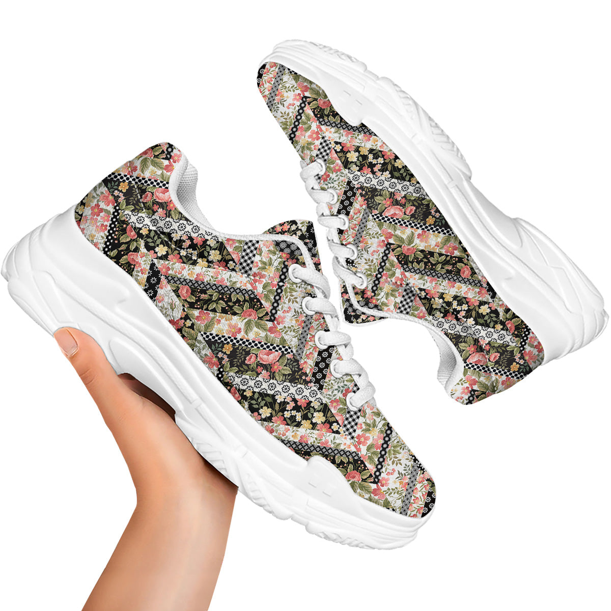 Zigzag Floral Patchwork Print Pattern White Chunky Shoes-grizzshop